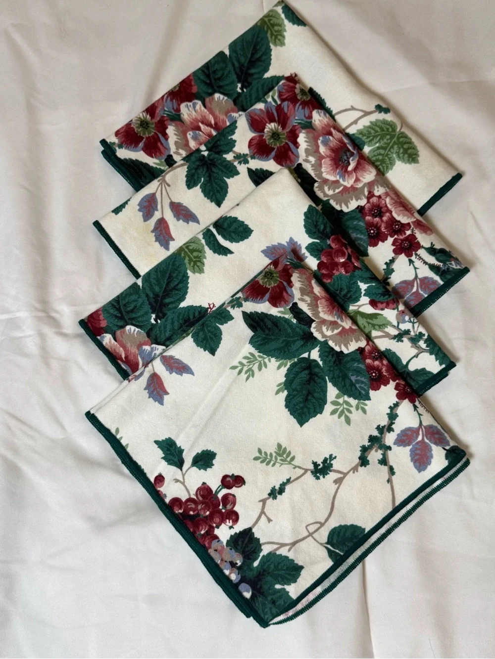Floral Cotton Napkins in Cream with Green and Burgundy Print